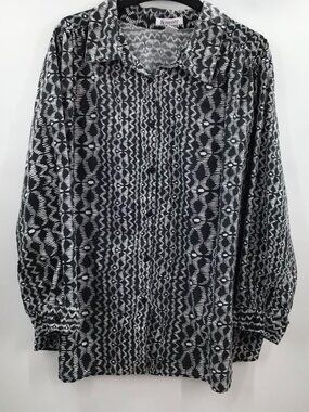 Women's 5X Batik Print Shirt Black White Cotton Blend Ethnic Afrocentric L/S